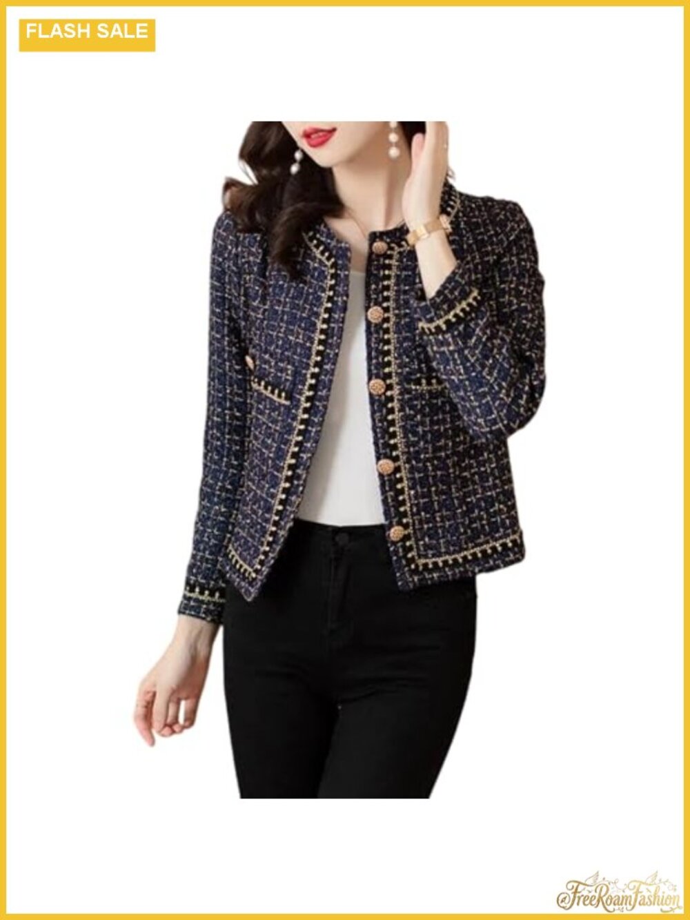 Tweed Blazer Jacket Collarless Golden Button Business Casual